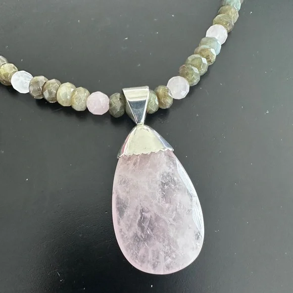 Laborite & pink quartz bead necklace with pendant by Jay King - Picture 6 of 14